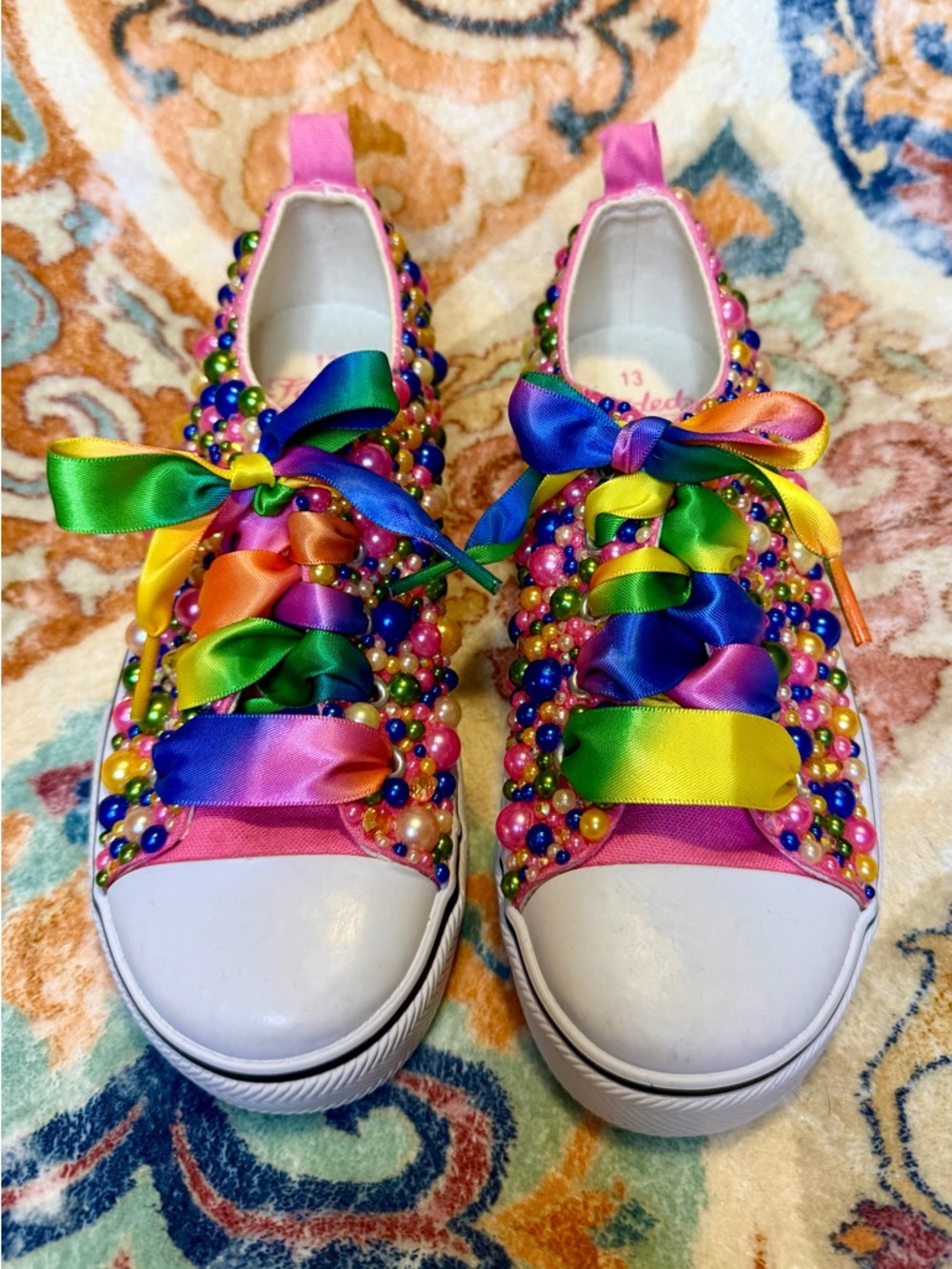 Kids Rainbow Beaded Pink Sneakers with Multicolor Ribbon Laces